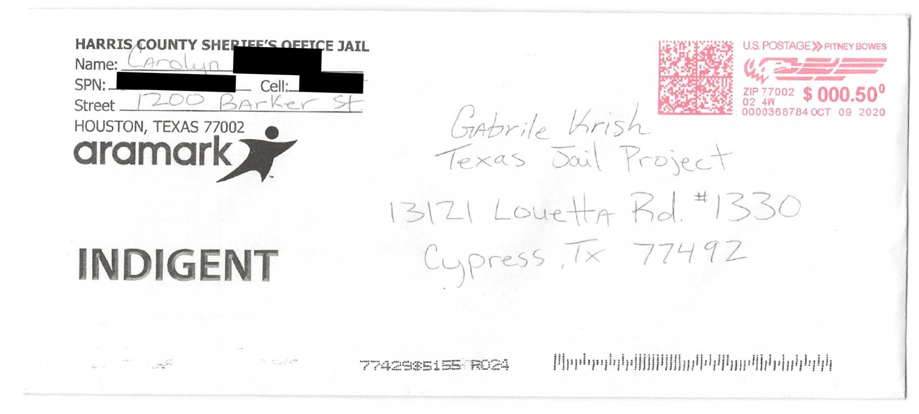 Envelope of a letter from Carolyn K. to the Texas Jail Project