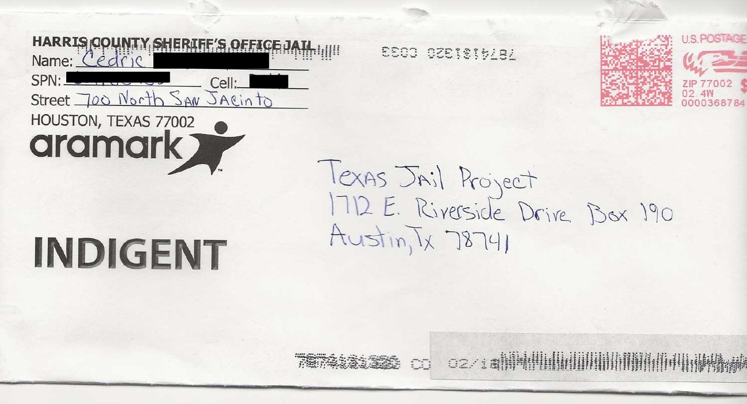 Envelope of a letter from Cedric W. to the Texas Jail Project