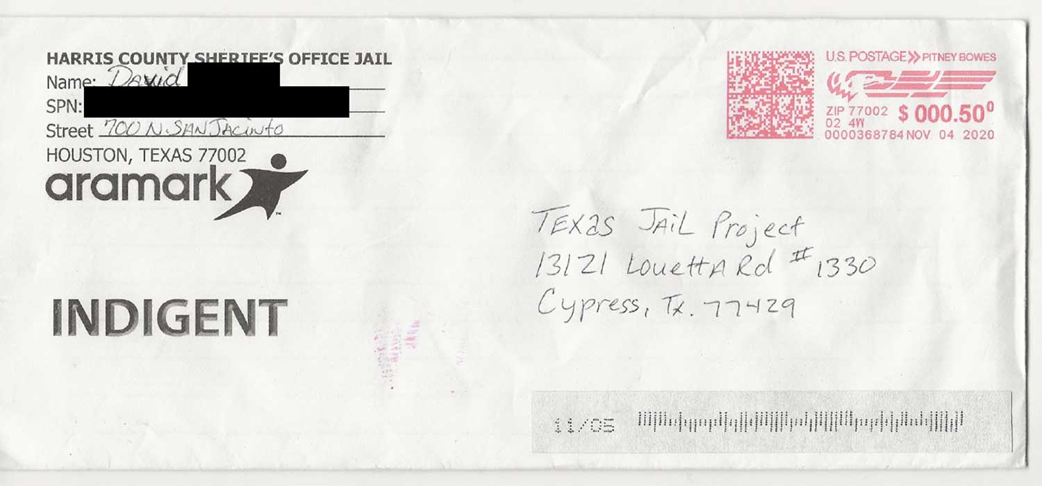 Envelope of a letter from David J. to the Texas Jail Project
