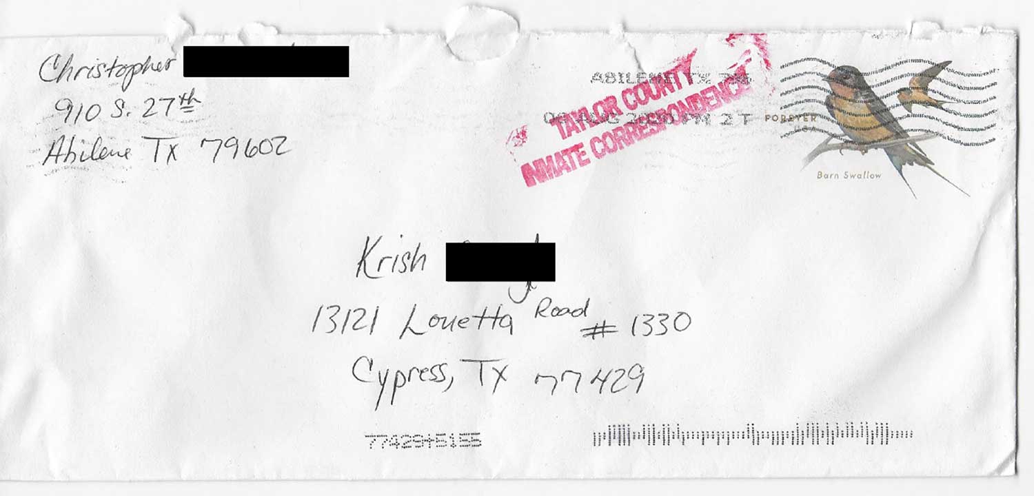 Envelope of a letter from Lance to the Texas Jail Project